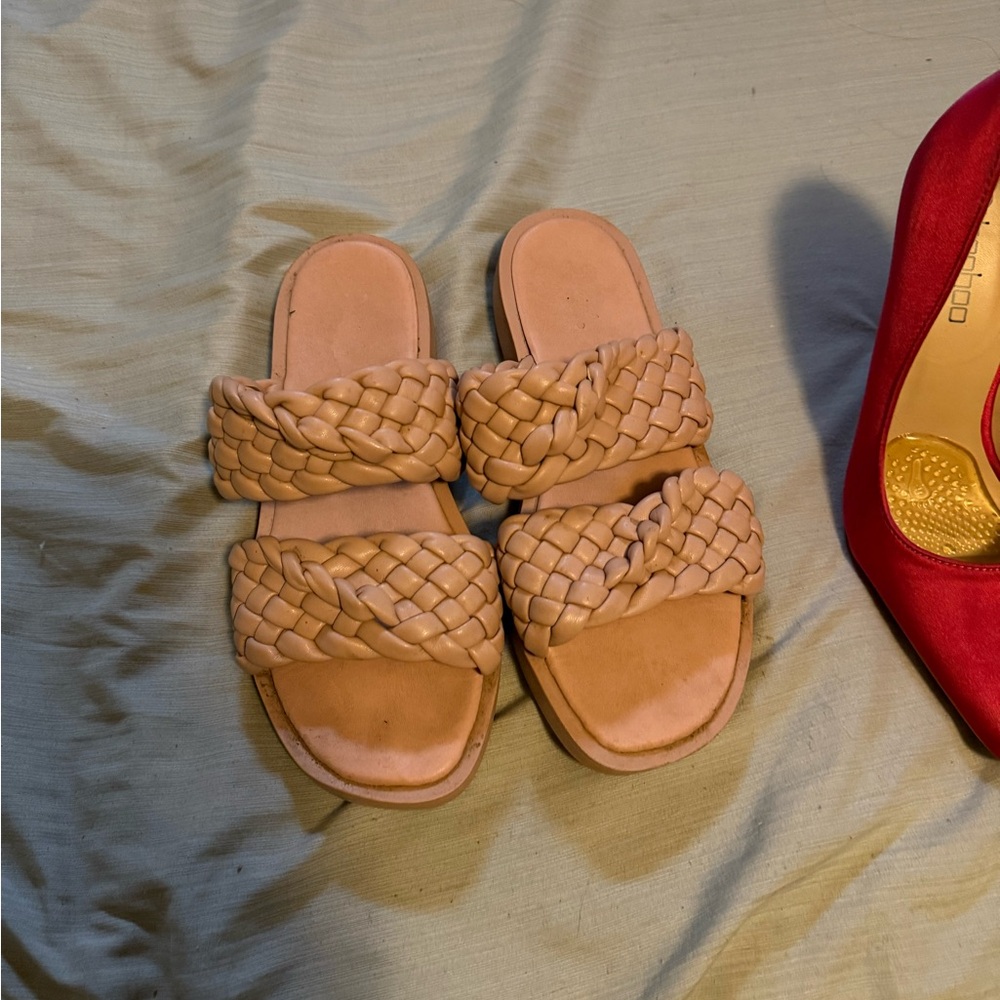 Woven Double-Strap Slide Sandals in Blush
